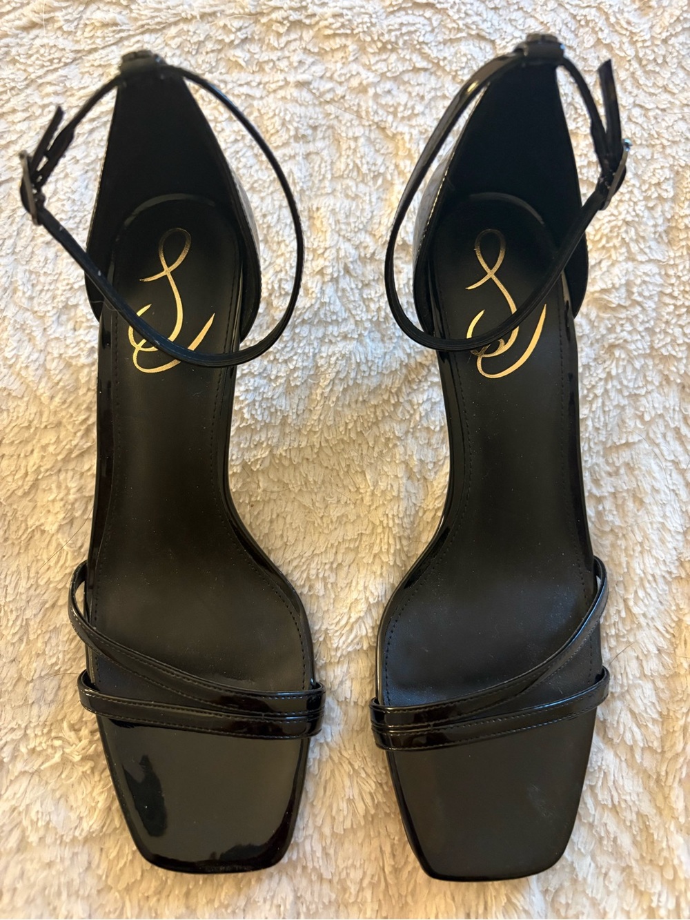 Sam Edelman Black Patent Square-Toe Ankle-Strap Heels 2.5” kitten heel